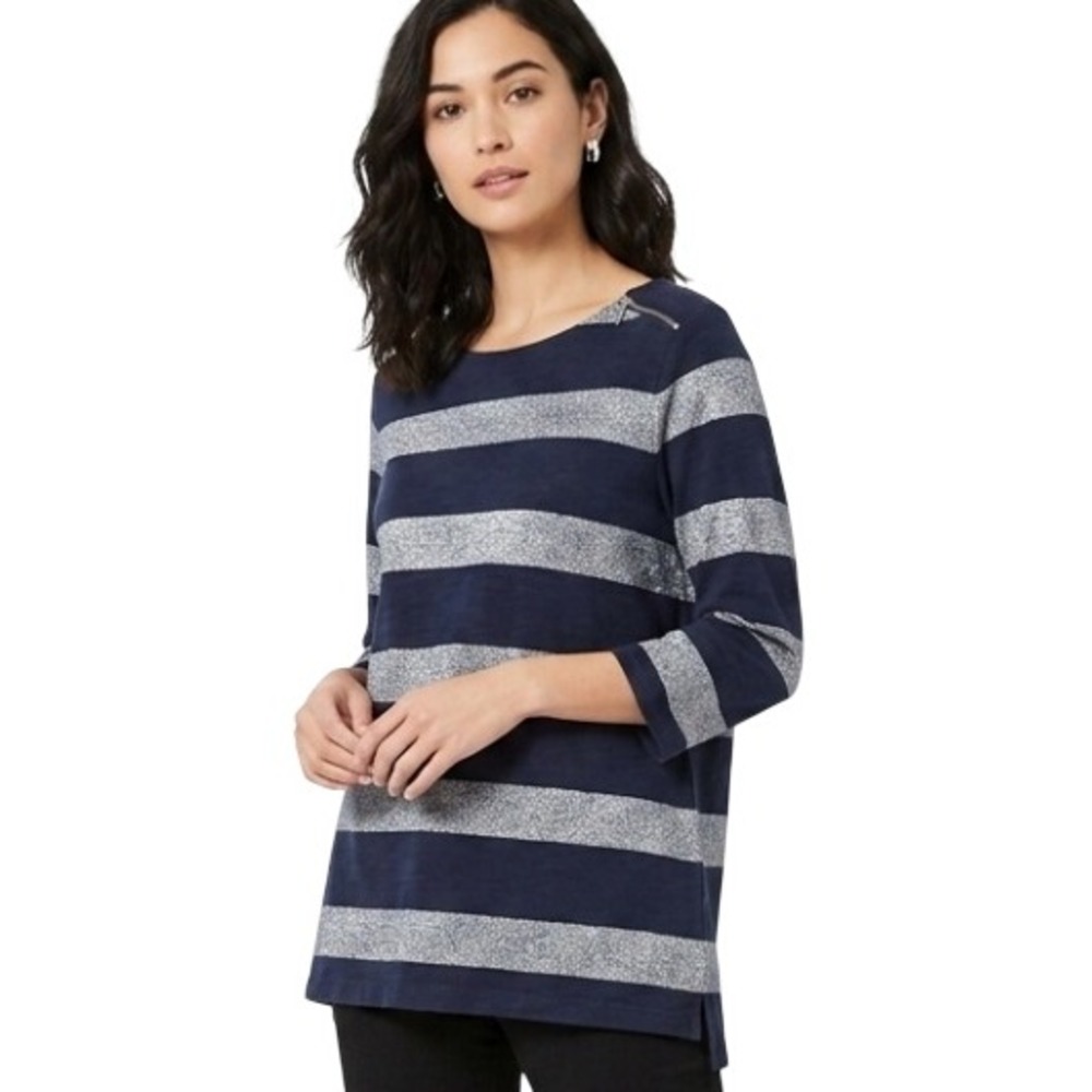 Croft & Barrow Knit Top Womens 1X Navy Silver Striped Shoulder Zipper 3/4 Sleeve